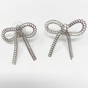 Silver Chain Ribbon Bow Earrings Crystal Detail